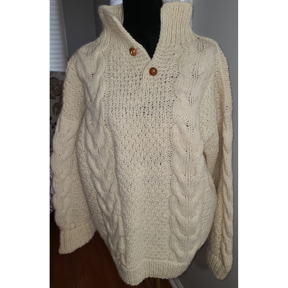 Cable-Knit‎ Ivory Mockneck 100% WOOL  Fisherman Sweater Size Lg Neutral Minimal